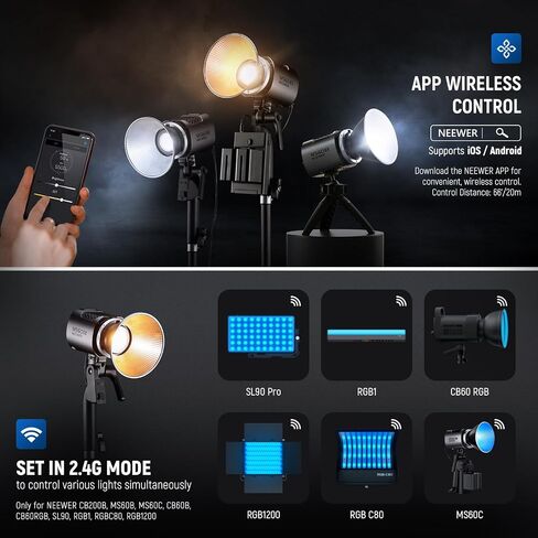 Neewer MS60B LED Video Light 2.4g/App Control ، 65W MENAL MINI MINI COM COP COB COMPATION LUPPLITION SPOTLIGHT 2700K-6500K ، 40000LUX@1M ، CRI 97+/TLCI 98+ ، 12 EFFERT in Kuwait
