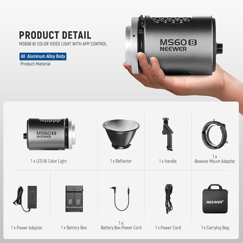 Neewer MS60B LED Video Light 2.4g/App Control ، 65W MENAL MINI MINI COM COP COB COMPATION LUPPLITION SPOTLIGHT 2700K-6500K ، 40000LUX@1M ، CRI 97+/TLCI 98+ ، 12 EFFERT in Kuwait