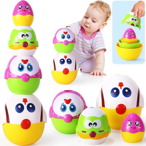 MOONTOY Toddler Chicken Nesting Stacking Eggs Toys, 8PCS Color Matching Game Shape Sorter STEM Fine Motor Skills Sensory Baby Bath Toys Montessori Educational Birthday Easter Gift 6 Months, 1 2 3 Year in Saudi Arabia