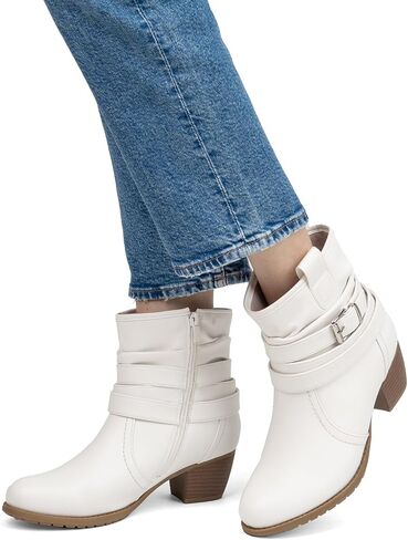 VJH confort Women's Mid Calf Boots,Round Toe Comfort Low Heel Slouchy Dress Booties with Buckle Strap Side Zipper in Saudi Arabia