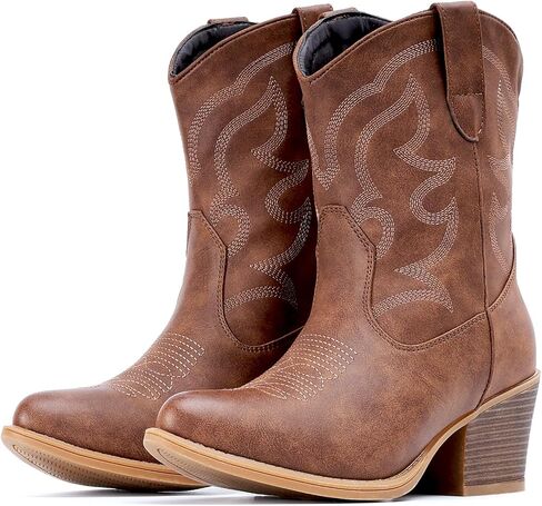 IXU Cowboy Boots for Women Wide Suede Ankle Western Cowgirl Boots Mid Calf Pointed Toe Short Chunky Classic Booties in Saudi Arabia