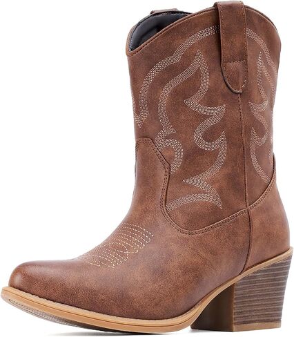 IXU Cowboy Boots for Women Wide Suede Ankle Western Cowgirl Boots Mid Calf Pointed Toe Short Chunky Classic Booties in Saudi Arabia