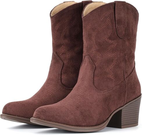 IXU Cowboy Boots for Women Wide Suede Ankle Western Cowgirl Boots Mid Calf Pointed Toe Short Chunky Classic Booties in Saudi Arabia