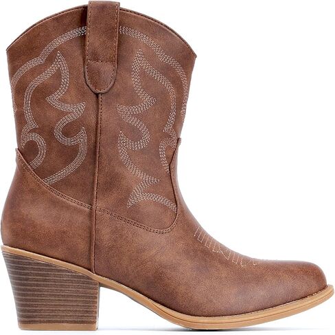 IXU Cowboy Boots for Women Wide Suede Ankle Western Cowgirl Boots Mid Calf Pointed Toe Short Chunky Classic Booties in Saudi Arabia