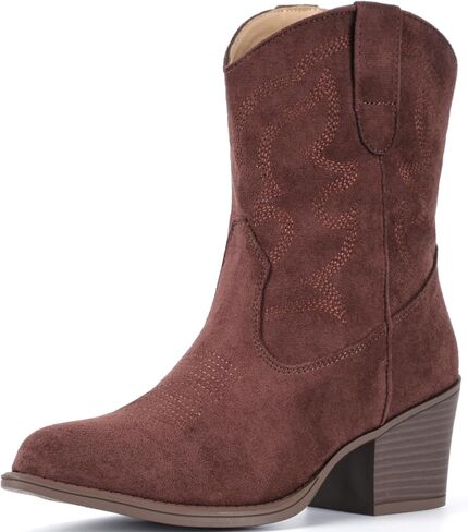 IXU Cowboy Boots for Women Wide Suede Ankle Western Cowgirl Boots Mid Calf Pointed Toe Short Chunky Classic Booties in Saudi Arabia