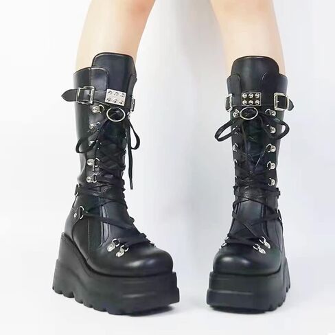 Gothniero High Platform Knee Boots Chunky Heel Wedge Black Boots For Women Combat Goth Punk Motorcycle Booties Zip up With Metal Buckles Size5-11 in Saudi Arabia
