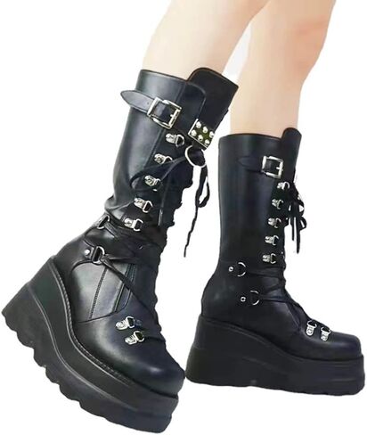 Gothniero High Platform Knee Boots Chunky Heel Wedge Black Boots For Women Combat Goth Punk Motorcycle Booties Zip up With Metal Buckles Size5-11 in Saudi Arabia