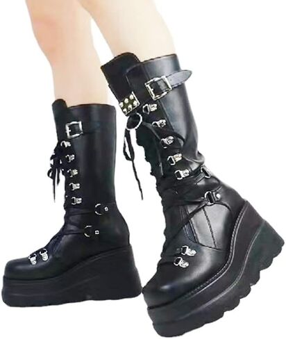 Gothniero High Platform Knee Boots Chunky Heel Wedge Black Boots For Women Combat Goth Punk Motorcycle Booties Zip up With Metal Buckles Size5-11 in Saudi Arabia