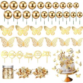 Zeyune 93 Pcs Gold Happy Birthday Cake Topper Decoration with 50 Balls 36 Pcs 3D Butterfly Cupcake Toppers 6 Acrylic Cake Decorations 1 Gold Leaf Flakes for birthday wedding party
