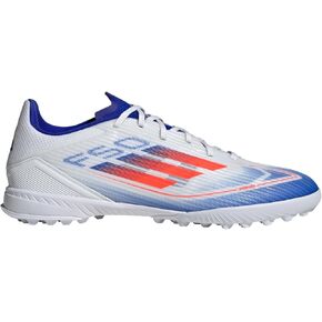 adidas Unisex F50 League Turf Soccer Cleats Sneaker, White/Solar Red/Lucid Blue, 9 US Men