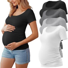 Huukeay 4 Pack Women's Maternity Shirts Scoop Neck Maternity Top Short Sleeve Casual Cotton Tee Side Ruched Pregnancy Clothes