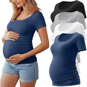 Huukeay 4 Pack Women's Maternity Shirts Scoop Neck Maternity Top Short Sleeve Casual Tee Side Ruched Pregnancy Clothes in Saudi Arabia