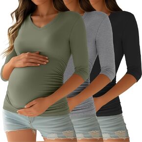 Ficerd 3 Pack Women's Maternity Shirts, 3/4 Sleeve V Neck Pregnancy Tops Side Ruched Casual Maternity Tee Pregnant Clothes