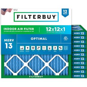Filterbuy 12x12x1 Air Filter MERV 13 Optimal Defense (12-Pack), Pleated HVAC AC Furnace Air Filters Replacement (Actual Size: 11.75 x 11.75 x 0.75 Inches)