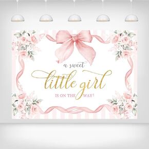 Pink Bow Baby Shower Backdrop - Elegant Floral A Sweet Little Girl is on The Way Background for Girl Baby Shower Gender Reveal Party Decorations and Nursery Decor