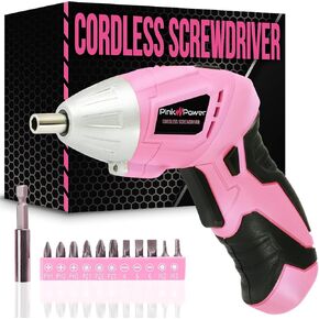 Pink Power 3.6 Volt Electric Screwdriver Cordless Rechargeable Screw Gun & Bit Set for Women - Cordless Screwdriver LED light, Battery Indicator and Pivoting Head - Small Power Screwdriver