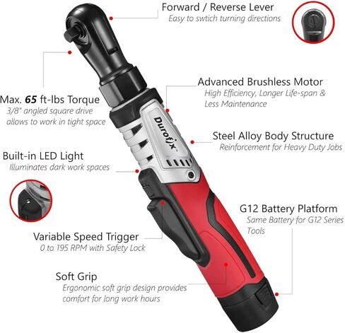 Durofix RW1210-32 G12 Series 12V Cordless Li-ion 3/8" 65 ft-lbs. Brushless Ratchet Wrench Tool Kit with 2 Batteries and Canvas Bag in Saudi Arabia