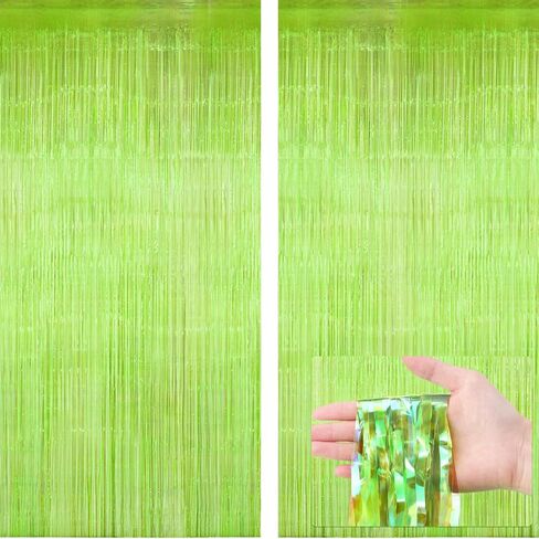 Neon Green Streamers Backdrop 3.28 x 8.2 ft Lime Green Foil Fringe Curtain Metallic Tinsel Door Streamers for Birthday Bachelorette Christmas, New Year, Disco Party, Neon Party Decorations in Kuwait