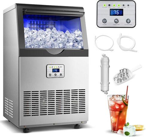Commercial Ice Maker 100lbs/24H Ice Maker Machine, Auto Self-Cleaning, LED Digital Display, Blue Light, Under Counter/Freestanding Ice Machine for Home/Office/Restaurant/Bar in Saudi Arabia