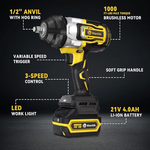 1300N.m Cordless Impact Wrench 1/2 Inch, 21V Brushless High Torque Impact Gun w/ 2 x 4.0Ah Batteries, Fast Charger, 5 Sockets and Tool Bag in Saudi Arabia