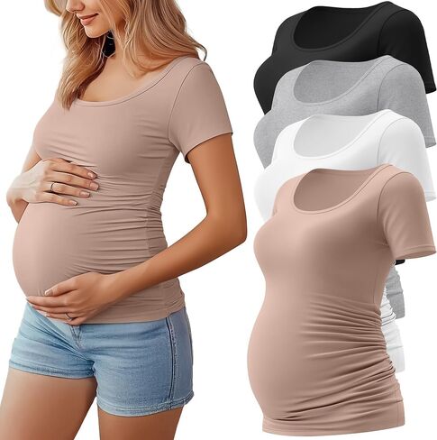 Huukeay 4 Pack Women's Maternity Shirts Scoop Neck Maternity Top Short Sleeve Casual Cotton Tee Side Ruched Pregnancy Clothes in Saudi Arabia