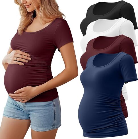 Huukeay 4 Pack Women's Maternity Shirts Scoop Neck Maternity Top Short Sleeve Casual Cotton Tee Side Ruched Pregnancy Clothes in Saudi Arabia