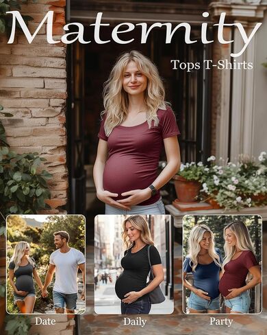 Huukeay 4 Pack Women's Maternity Shirts Scoop Neck Maternity Top Short Sleeve Casual Cotton Tee Side Ruched Pregnancy Clothes in Saudi Arabia