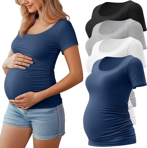 Huukeay 4 Pack Women's Maternity Shirts Scoop Neck Maternity Top Short Sleeve Casual Tee Side Ruched Pregnancy Clothes in Saudi Arabia