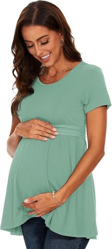Women's Maternity Tops Short & Long Sleeve Pleated Waist Shirts Pregnancy Clothes in Saudi Arabia