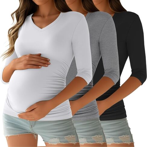 Ficerd 3 Pack Women's Maternity Shirts, 3/4 Sleeve V Neck Pregnancy Tops Side Ruched Casual Maternity Tee Pregnant Clothes in Saudi Arabia