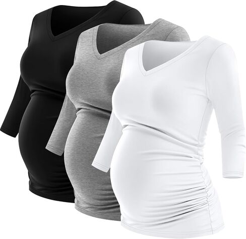Ficerd 3 Pack Women's Maternity Shirts, 3/4 Sleeve V Neck Pregnancy Tops Side Ruched Casual Maternity Tee Pregnant Clothes in Saudi Arabia