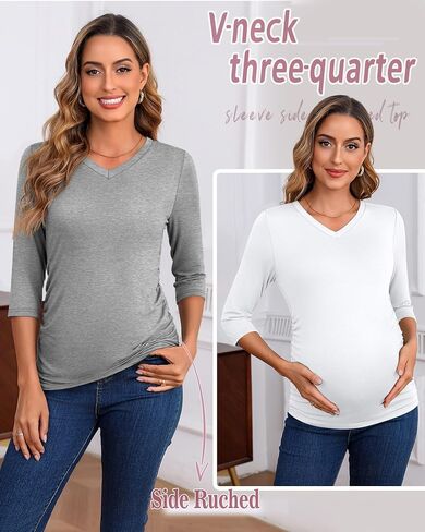 Ficerd 3 Pack Women's Maternity Shirts, 3/4 Sleeve V Neck Pregnancy Tops Side Ruched Casual Maternity Tee Pregnant Clothes in Saudi Arabia