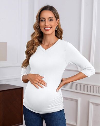 Ficerd 3 Pack Women's Maternity Shirts, 3/4 Sleeve V Neck Pregnancy Tops Side Ruched Casual Maternity Tee Pregnant Clothes in Saudi Arabia