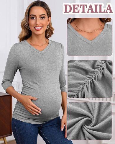 Ficerd 3 Pack Women's Maternity Shirts, 3/4 Sleeve V Neck Pregnancy Tops Side Ruched Casual Maternity Tee Pregnant Clothes in Saudi Arabia