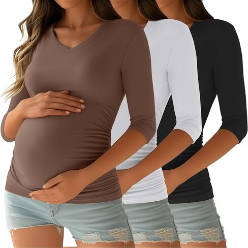 Ficerd 3 Pack Women's Maternity Shirts, 3/4 Sleeve V Neck Pregnancy Tops Side Ruched Casual Maternity Tee Pregnant Clothes in Saudi Arabia