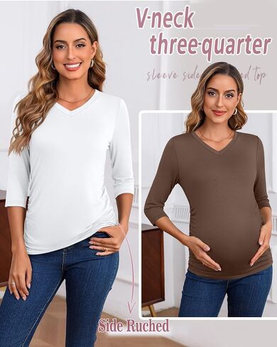Ficerd 3 Pack Women's Maternity Shirts, 3/4 Sleeve V Neck Pregnancy Tops Side Ruched Casual Maternity Tee Pregnant Clothes in Saudi Arabia