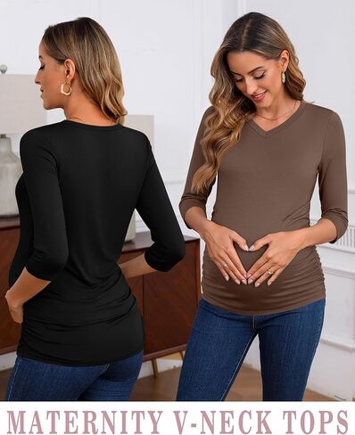 Ficerd 3 Pack Women's Maternity Shirts, 3/4 Sleeve V Neck Pregnancy Tops Side Ruched Casual Maternity Tee Pregnant Clothes in Saudi Arabia