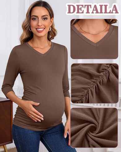 Ficerd 3 Pack Women's Maternity Shirts, 3/4 Sleeve V Neck Pregnancy Tops Side Ruched Casual Maternity Tee Pregnant Clothes in Saudi Arabia