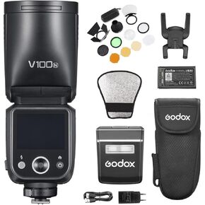Godox V100N 2.4G Wireless Camera Flash Round Head On-Camera Flash TTL Speedlite 100Ws Power Touch Control Screen Built-in LED Modeling Lamp with Detachable Sub Flash Lithium Battery for Nikon
