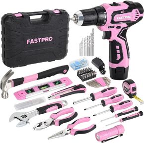 FASTPRO 160-Piece Pink Tool Set with 12V Cordless Lithium-ion Drill Driver, Lady's Home Repairing Tool Kit with Drill in Storage Case, For DIY, Home Maintenance.