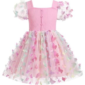 OBEEII Infant Baby Girls Romper Dress Short Sleeve Ribbed 3D Butterfly Tulle Tutu Dress+ Headband Birthday Summer Outfit