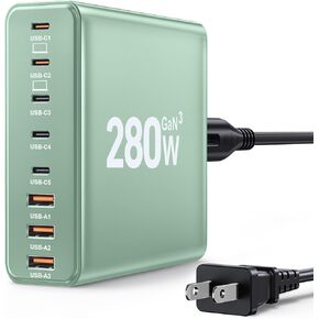 280W USB C Charger Block, 8-Port USB C Charging Station GaN III PD 65W Laptop Charger Adapter Compatible with MacBookPro/Air,DELL,iPad,Portable Charging Station for iPhone,Samsung Galaxy (Black)