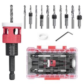 Countersink Drill Bit Set，5 Pcs Drill Bit Set with Low Friction Depth Stop,1/4" Hex Shank,HSS M2 Tapered Bits 1/8" 9/64" 5/32" Drill+3/8" 82° Counter-Bore,11/64" 3/16" Drill+ 1/2" 82° Counter Bore