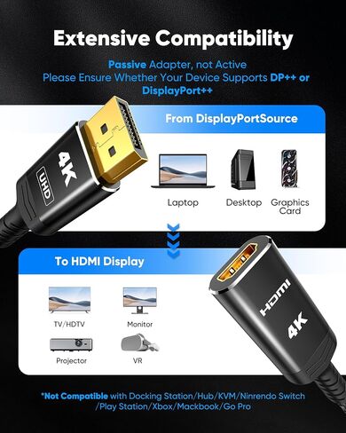 Highwings 4K DisplayPort to HDMI Adapter, Unidirectional DP 1.2 to HDMI 1.4 | Uni-Directional DP 1.2 Computer to HDMI 2.0 Screen, Display Port to HDMI Adapter Male to Female for Dell HP AMD, Passive in Saudi Arabia