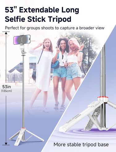 53'' Selfie Stick Tripod with Light, Extendable Selfie Stick with Remote, Portable Cell Phone Tripod Stand with All in 1 Phone Clip, Lightweight Camera Tripod Compatible with iPhone 15 14 13, Android in Saudi Arabia