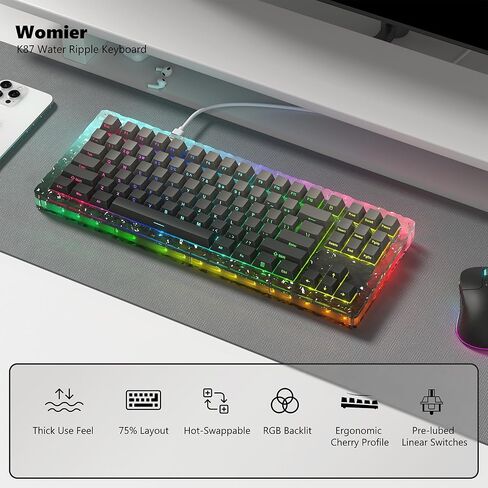 لوحة مفاتيح Womier بنسبة 75%، لوحة مفاتيح ميكانيكية للألعاب، K75 82 مفتاحًا سلكية مخصصة، لوحة مفاتيح شفافة RGB، لوحة مفاتيح قابلة للتبديل السريع، مفتاح مُجهز مسبقًا لنظام التشغيل Mac/Win، شفاف بالكامل in Saudi Arabia