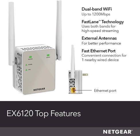 موسع نطاق WiFi 5 ثنائي النطاق من NETGEAR (EX6170) - تغطية تصل إلى 1500 قدم مربع، 25 جهازًا مع AC1200 (سرعة تصل إلى 1200 ميجا بت في الثانية) - معزز الإشارة اللاسلكية ومكرر - تصميم مدمج لقابس الحائط - أبيض in Kuwait