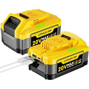 2 Pack 6000mAh Replac for De-Walt 20v Battery, Type-C charging and USB dual discharge ports, Battery level display, Compatible with DCB200 DCB201 DCB206 DCB207, Apply to 20V Cordless Power Tools