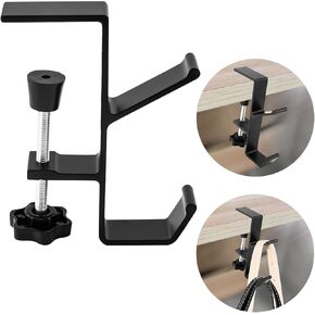 2Pcs Clamp-On Under Desk Headphone Holder Backpack Hook Students' Desk Hook with Adjustable Arm Clamp Women's Bag Handbag and Purse Holder - Suitable for Plate Between 1-5cm / 0.4-1.96" - Black
