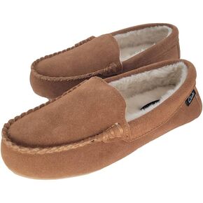Clarks Women's Venetian Moccasin Slippers, LB0285,Suede Indoor/Outdoor Close Back Slip-Ons with Faux Fur Lining & Gripped TPR Outsole,Ladies Cozy Loafers for Driving Lounging & More, Cognac, 6.5 UK